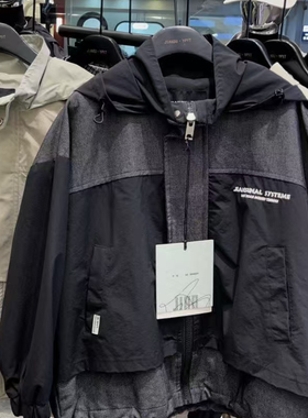 春款童装男童黑色拼接软牛仔连帽冲锋衣中大童韩版风衣外套