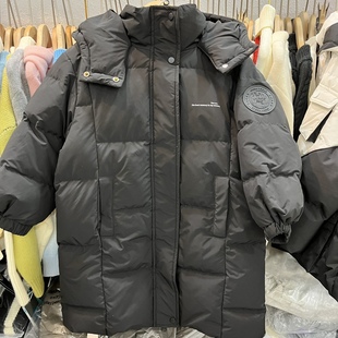 冬款童装男童女童黑色中长款连帽羽绒服大童韩版修身羽绒服