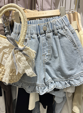 2025夏季新款女童韩版度假风花边牛仔短裤中大童蓝色牛仔短裤