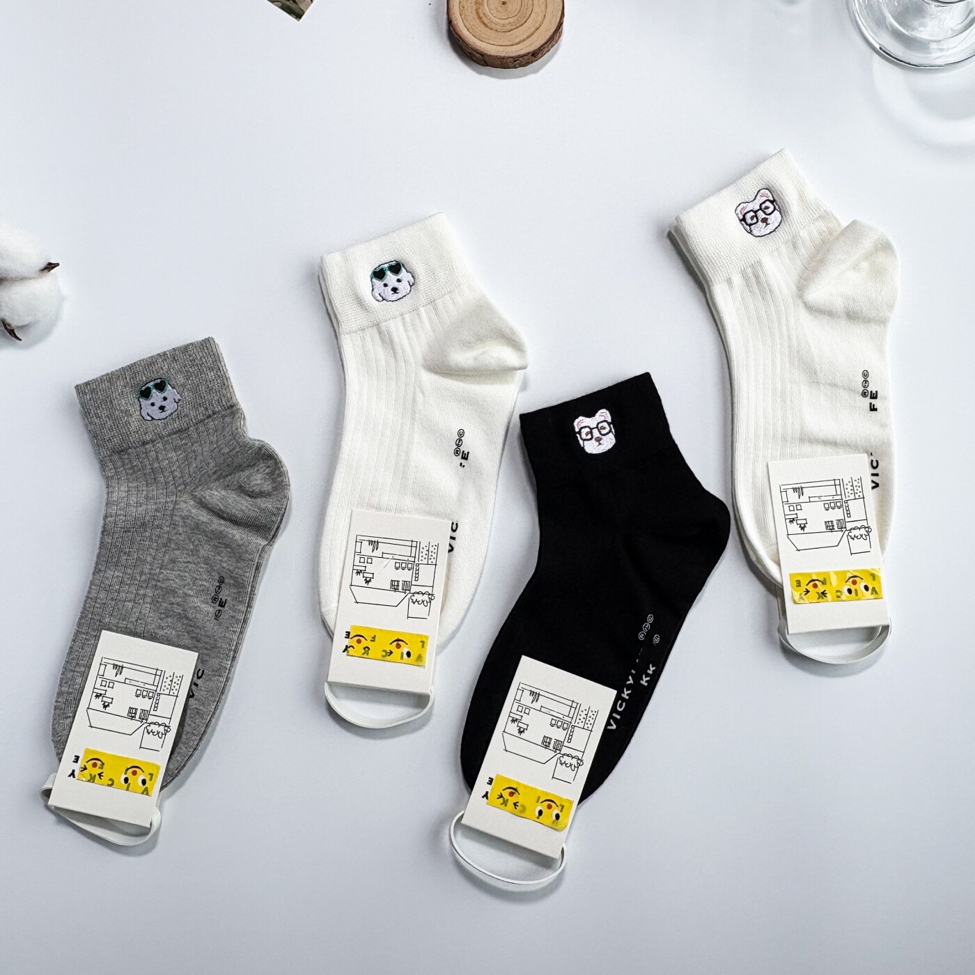 未希潮袜眼镜小狗女袜夏薄款透气吸汗刺绣中筒棉袜学院风纯色8317