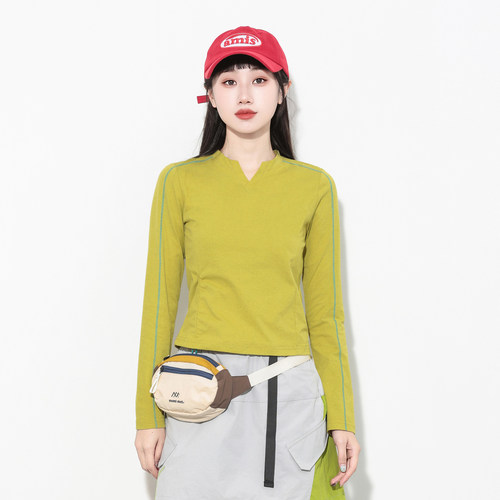 户外拼色V领长袖修身速干T恤女