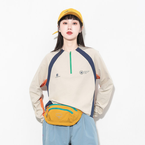 美式复古撞色拼接长袖圆领T恤女