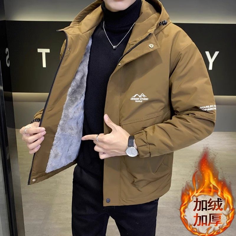 加绒加厚夹克男外套新款冬季潮牌韩版连帽休闲工装派克服男士棉衣