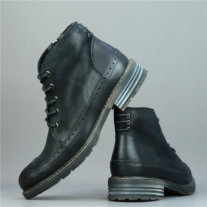 欧式风雕花布洛克男皮靴手工皮鞋