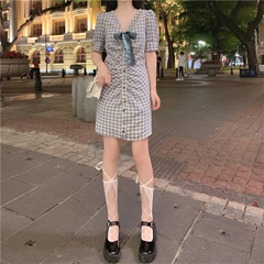 New French bow check single breasted collar waist dress