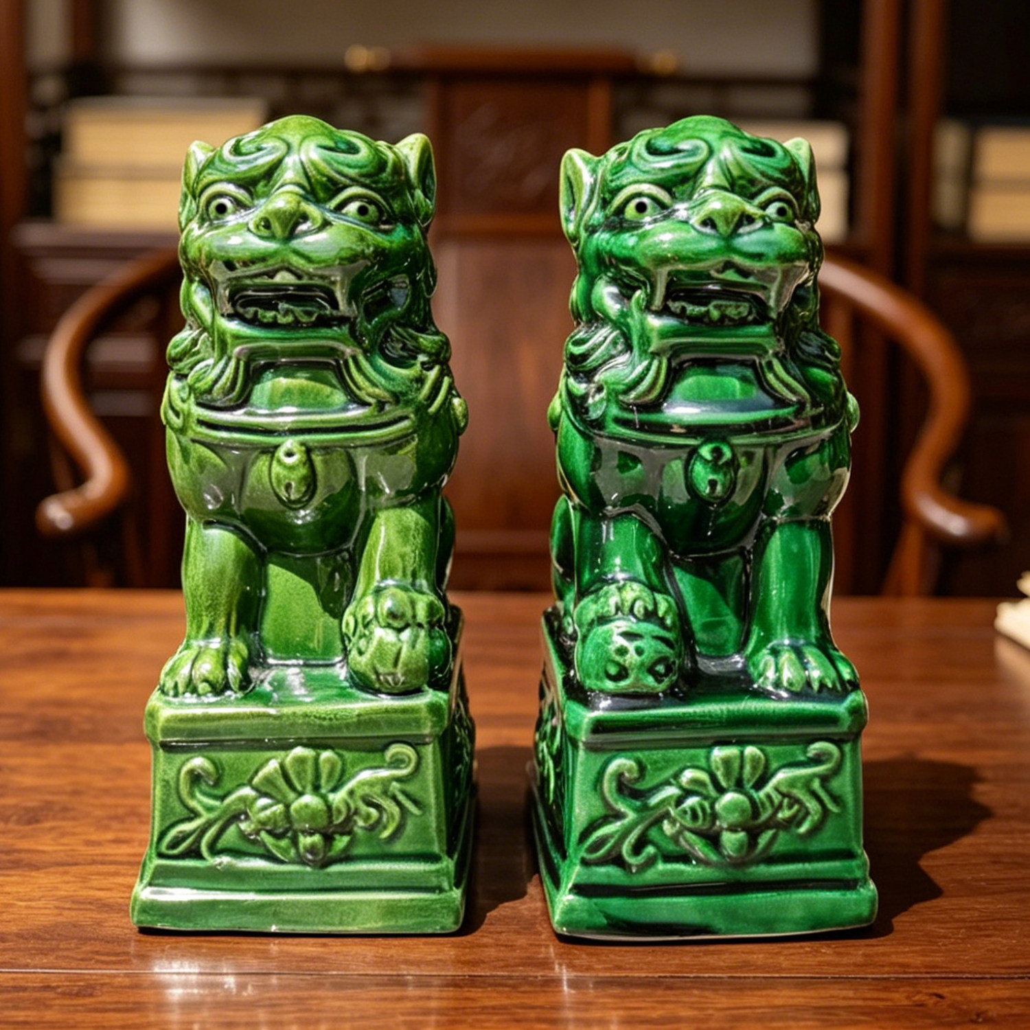 唐三彩陶瓷宫门对狮摆件黄蓝绿三色镇宅招财客厅门店户外吉祥礼品