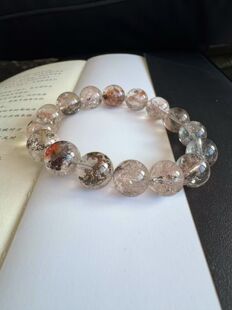 稀有水晶收藏多矿共生粉色矿物铜矿针铁矿赤铁矿手串