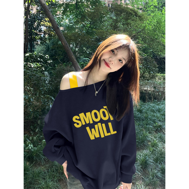 法式斜领露肩白色苹果印花卫衣女