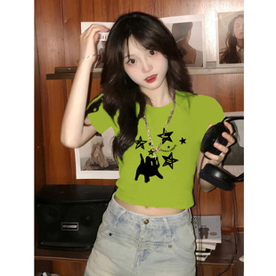 y2k千禧修身显瘦猫咪印花短款T恤女装夏季辣妹高腰荧光绿短袖上衣