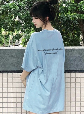 国潮牌oversize纯棉浅蓝色短袖t恤女2025年宽松半袖复古上衣ins潮