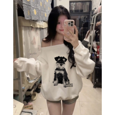 美式宽松慵懒风小狗印花露肩卫衣