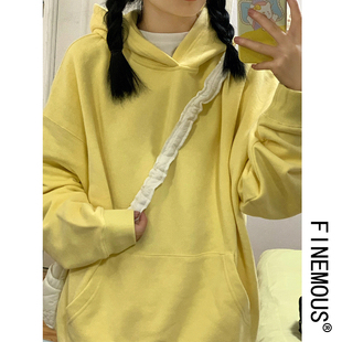 潮牌连帽加绒嫩黄色卫衣女早秋新款oversize外套简约纯色长袖上衣