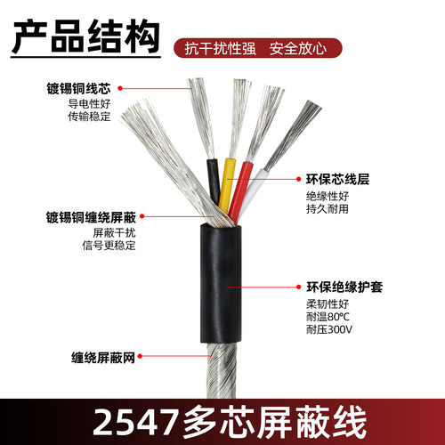 2547多芯屏蔽线 2/3/4芯 镀锡铜音频线 数据线 缠绕 加地屏蔽线