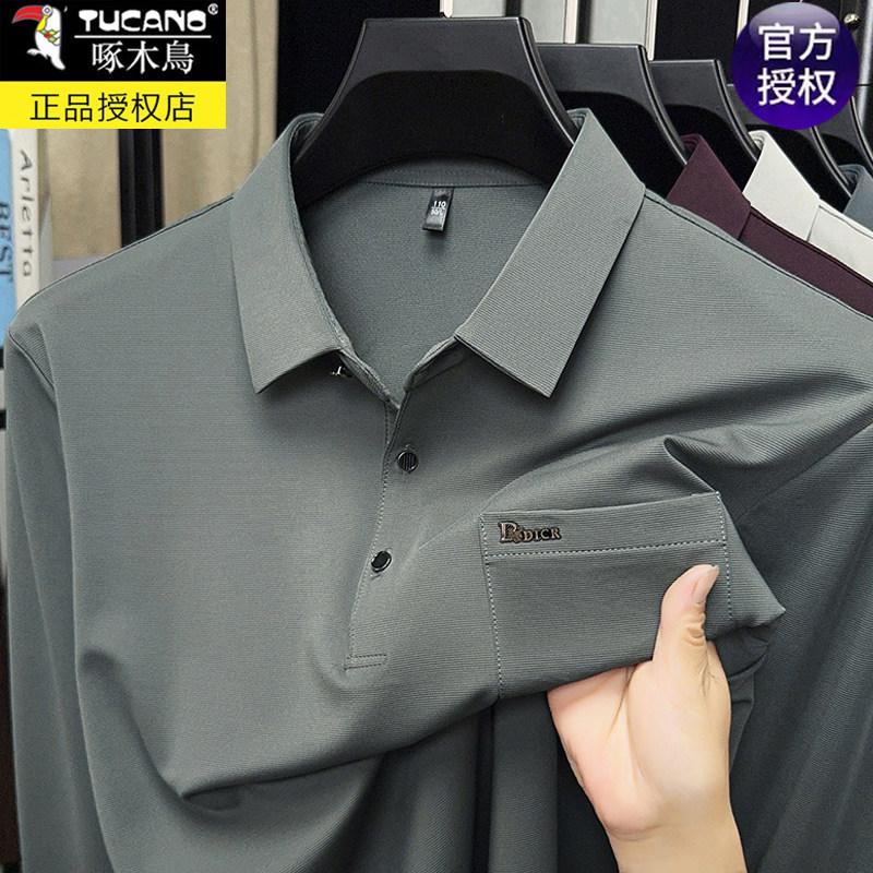 啄木鸟男士磨毛真口袋长袖t恤秋季新款中年翻领宽松休闲POLO衫男