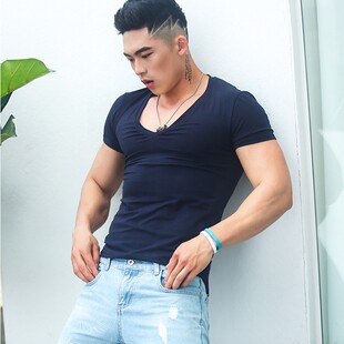 定制男士 T恤纯棉低领打内搭鸡心领上衣超低领百搭 深蓝色V领短袖