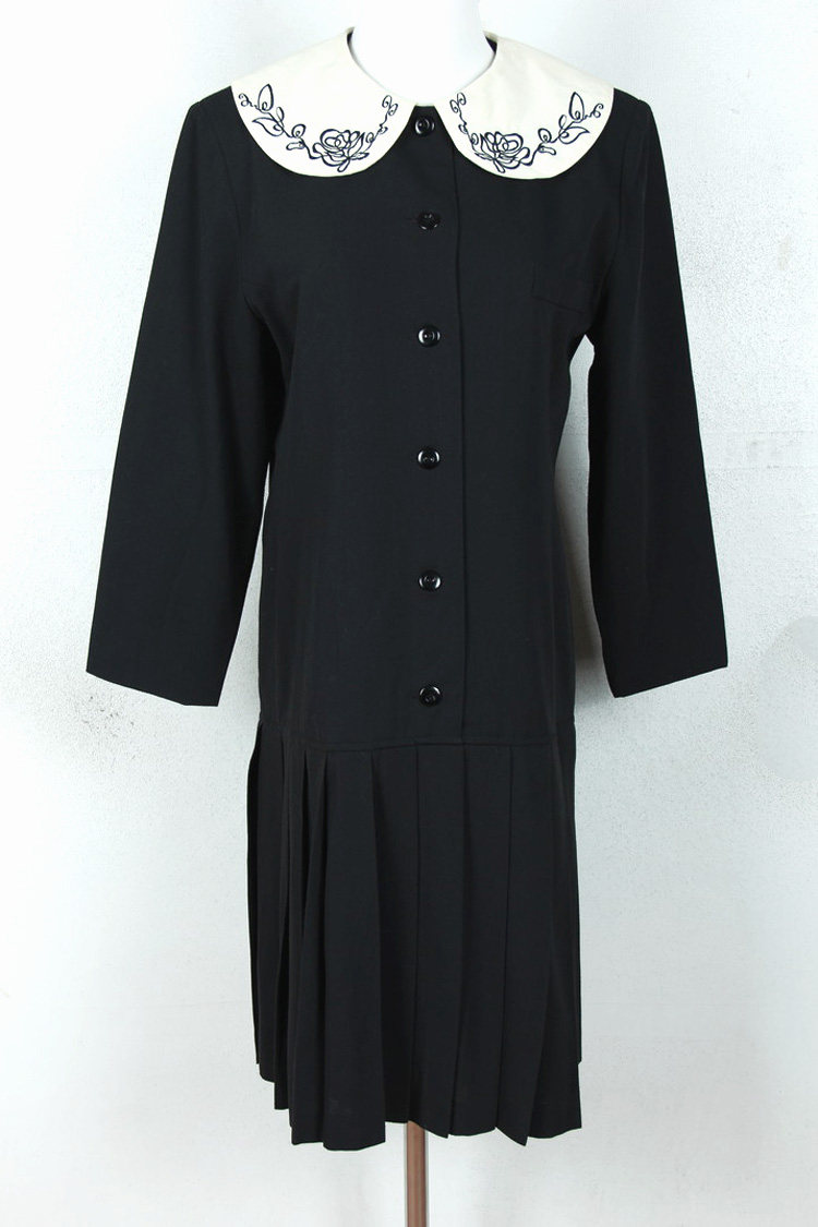 秋冬装孤品复古日本中古着vintage黑色玫瑰提花少女风百褶连衣裙