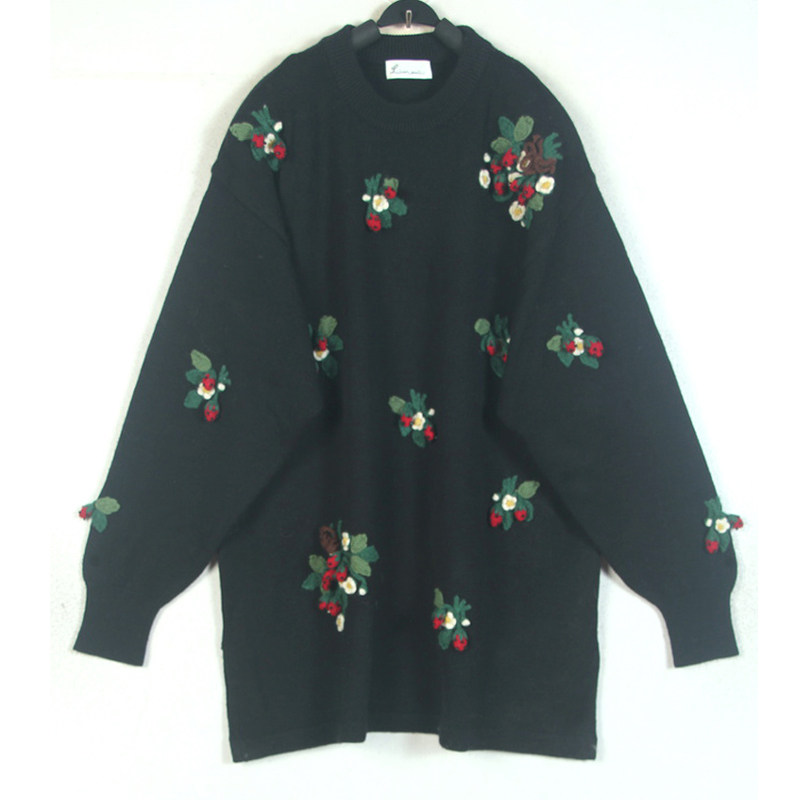 秋冬装孤品复古古着vintage日本黑色立体草莓花花手工钩织毛衣