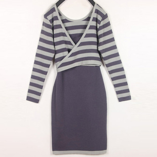 秋冬装孤品复古古着vintage日本拼色条纹假两件套绑带毛衣连衣裙
