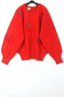 秋冬孤品复古着vintage大红丝绒蝴蝶结手工镭射钉珠安哥拉兔毛衣