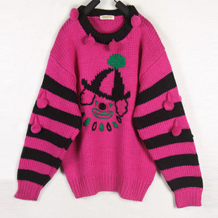 秋冬装孤品复古古着vintage玫红小丑图案立体毛球套头手工毛衣