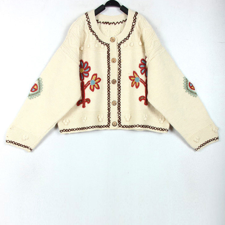 秋冬装孤品复古日本中古着vintage部落风仙人掌花手工棒针毛衣