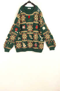 秋冬装孤品复古日本古着vintage绿色立体手工钩花娃娃风信子毛衣