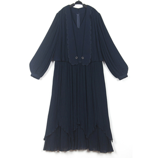 春夏装孤品复古古着vintage藏青色风琴褶木耳边假两件长袖连衣裙