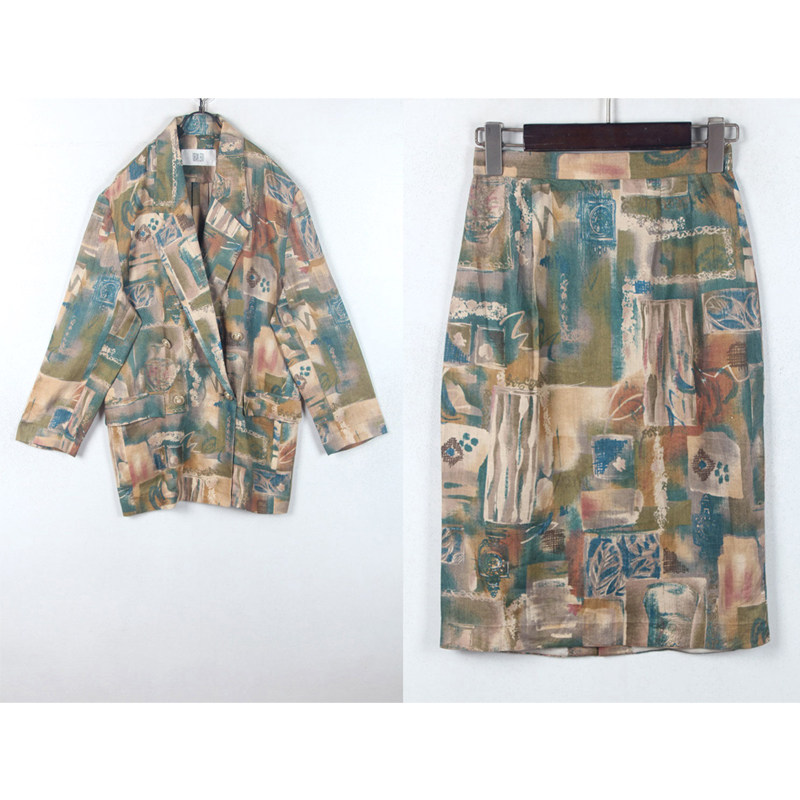 春秋装孤品复古日本古着vintage渐染花瓶印花麻料西装裙套装