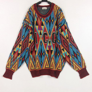 秋冬装孤品复古古着vintage日本红色底金丝菱格字母手工毛衣