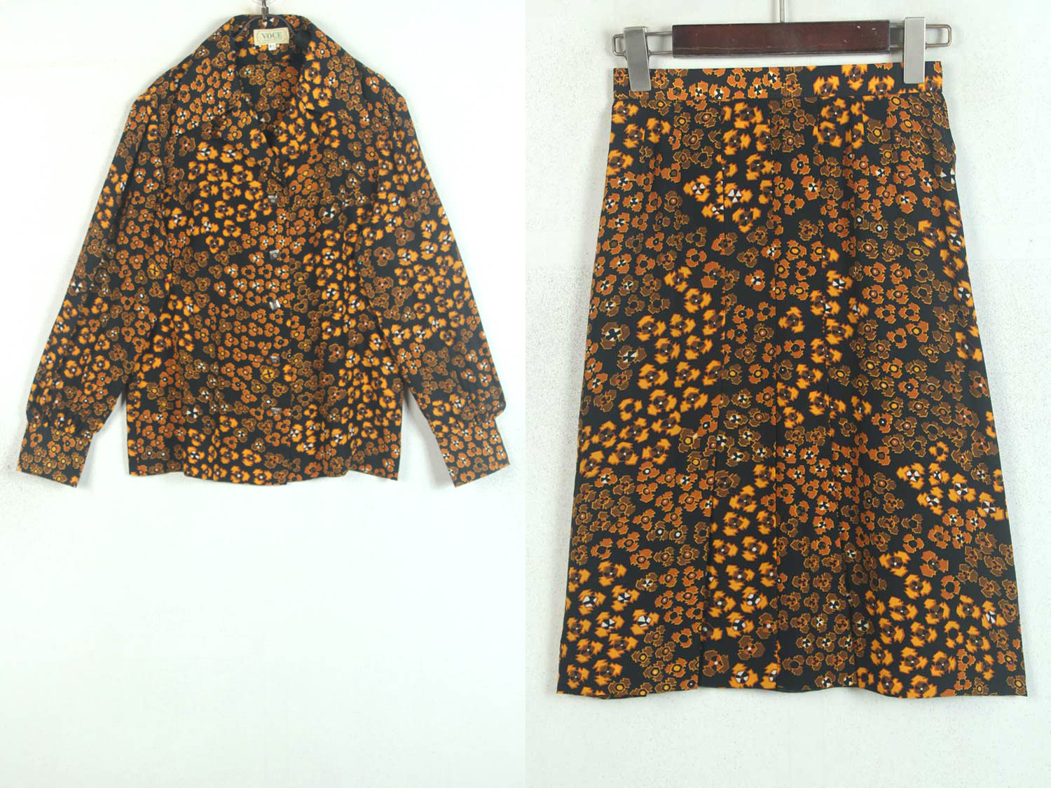 春夏装孤品复古日本中古着vintage枯叶色真丝绸衬衫两件套装套裙