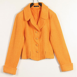 秋冬装孤品复古古着Vintage橙黄色粗花呢修身翻领短款西装外套