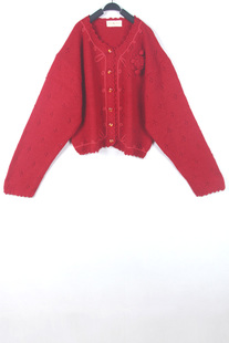 秋冬装孤品复古古着vintage大红色立体钩花盘花镂空短款手工毛衣