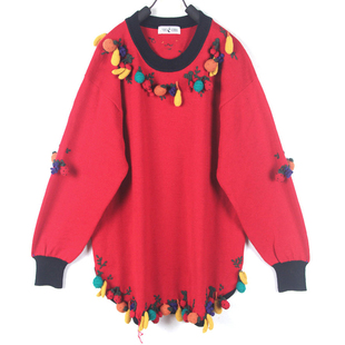 秋冬装孤品复古古着vintage日本中古枣红色手工钩小水果套头毛衣