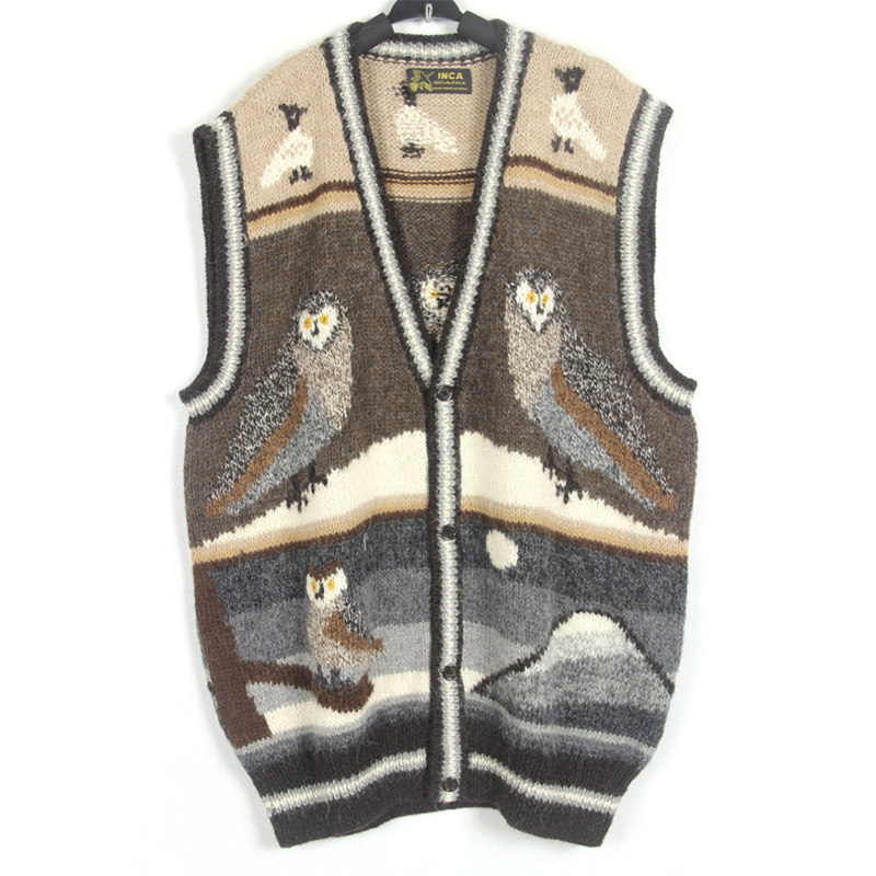 秋冬装孤品复古日本中古着vintage秘鲁猫头鹰羊驼毛手工背心马甲
