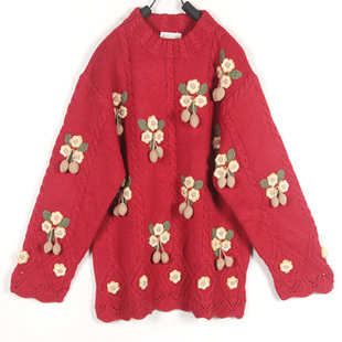 秋冬装孤品复古古着vintage日本棕红色立体花朵果子高领手工毛衣