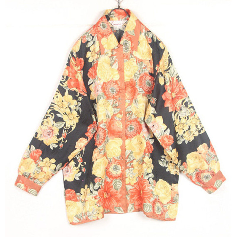 春夏孤品复古着vintage日本黑色底大花印花暗纹真丝蚕丝长袖衬衫