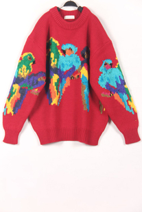 秋冬装孤品复古古着vintage日本红色金刚鹦鹉刺绣套头手工毛衣