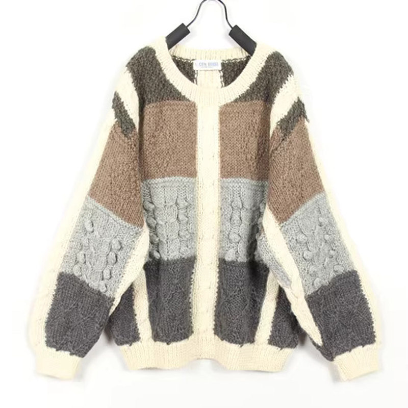 秋冬装孤品复古古着vintage拼色方块麻花手工钩织立体豆豆毛衣