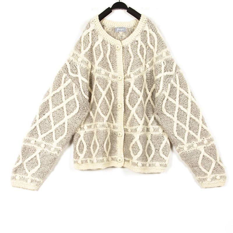 秋冬装孤品复古古着vintage浅灰立体麻花古法马海毛手工钩毛衣