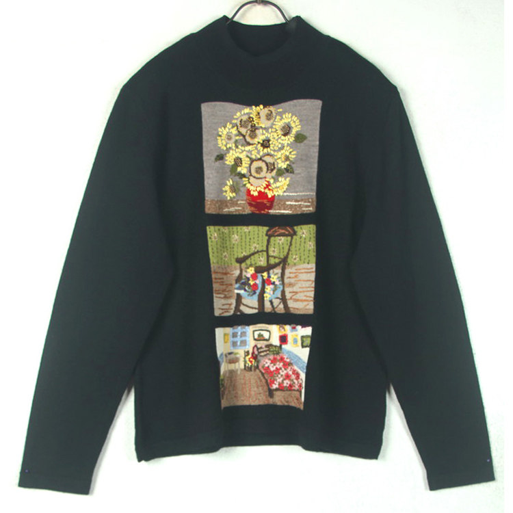 秋冬孤品复古古着vintage梵高的房间油画精细手工刺绣小高领毛衣