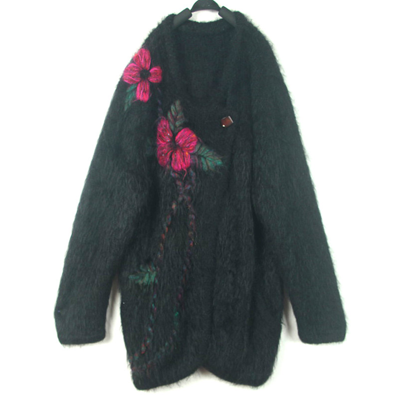 秋冬装孤品复古着vintage黑色手工刺绣丁香花马海毛长毛毛衣外套