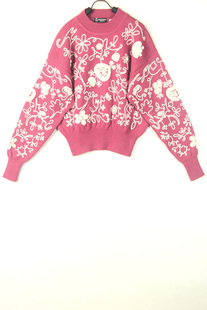 秋冬装孤品复古古着vintage深桃红藤蔓盘花刺绣短款套头手工毛衣