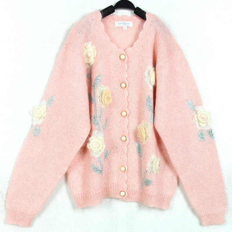 秋冬孤品复古日本中古着vintage超嫩粉红色小花手工马海毛衣外套