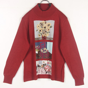 秋冬装孤品复古古着vintage梵高油画棕红色手工钉珠花小高领毛衣