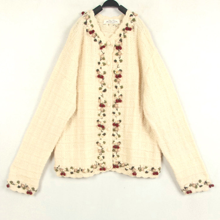 秋冬孤品复古着vintage日本淡雅米白PINK HOUSE花果手工钩织毛衣