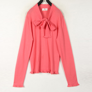 秋冬装孤品复古古着vintage日本粉红色围巾领高弹力针织羊绒毛衣