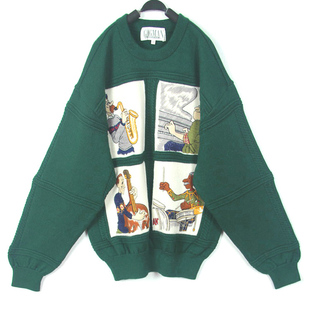 冬装孤品复古古着vintage墨绿色法式漫画卡通音乐人图案套头毛衣
