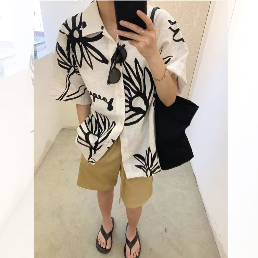 慵懒风衬衫短袖免烫无痕冰丝扎染