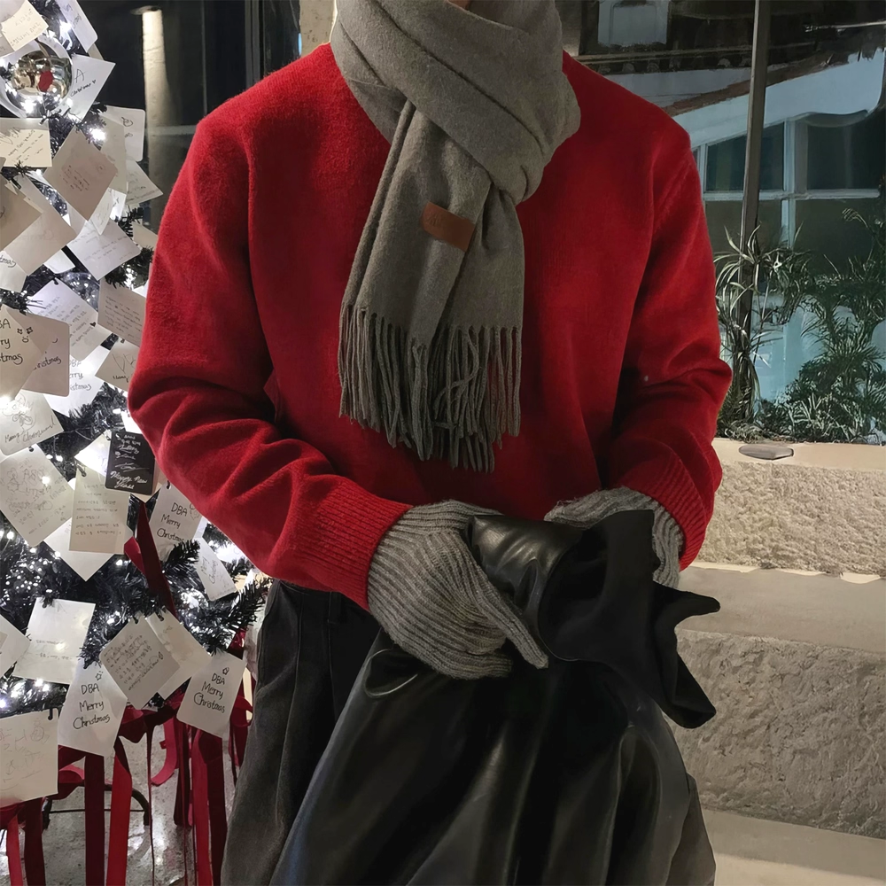 包芯纱红色针织衫美式小领口长袖