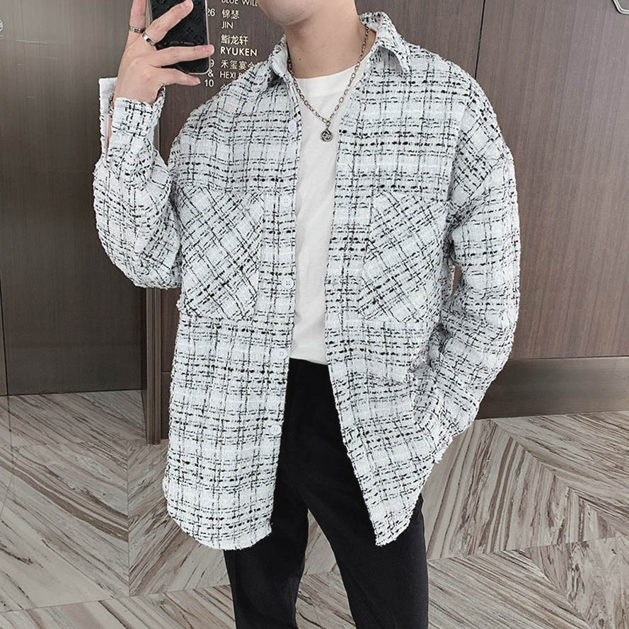 粗花呢格子衬衫男双口袋长袖开衫